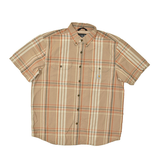 Carhartt Loose Fit Plaid Short Sleeve Button Down Shirt Size L Cotton Brown - Picture 1 of 8